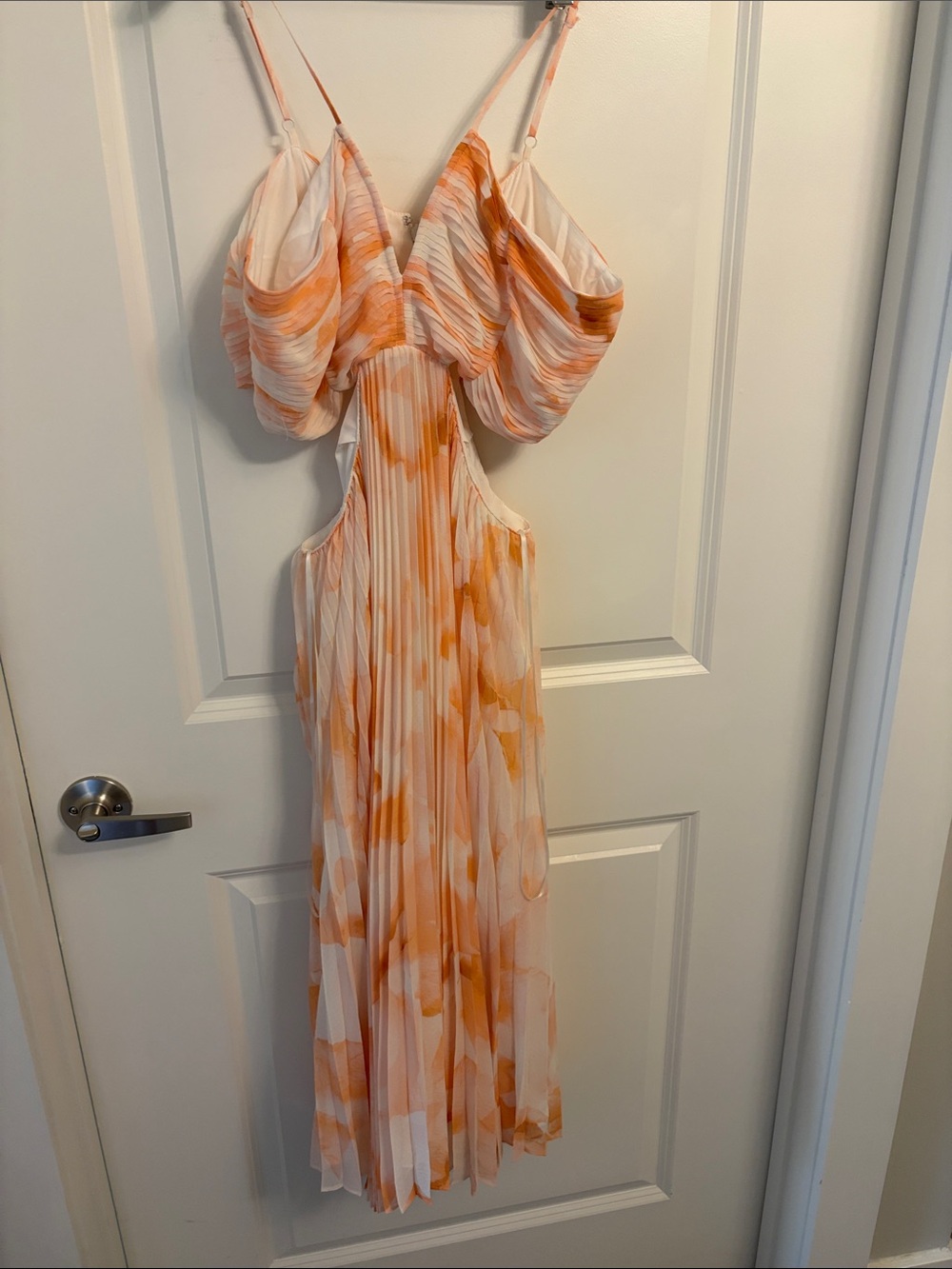 Express Orange and White Pleated Midi Dress